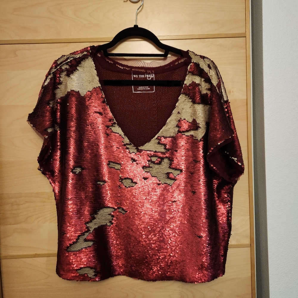 We The Free Red & Gold Reversiable Sequin Top Size: S